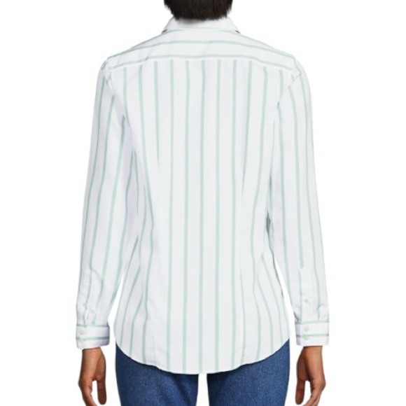 Lands' End Women's No Iron Cotton Long Sleeve White and Green Striped Shirt 14 P - Picture 3 of 9